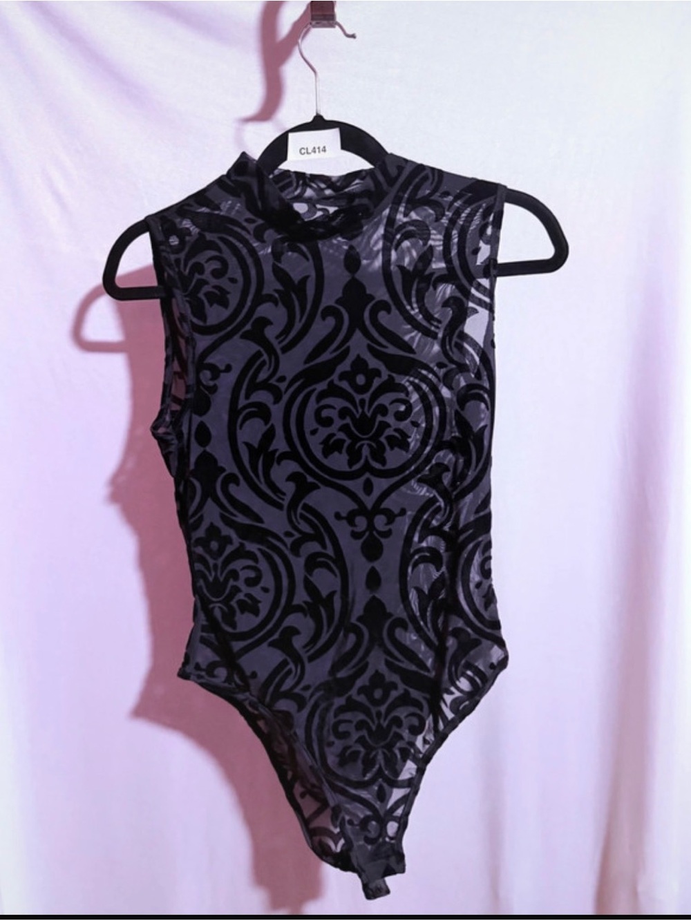 Women’s Black Velvet-Patterned One-Piece Bodysuit